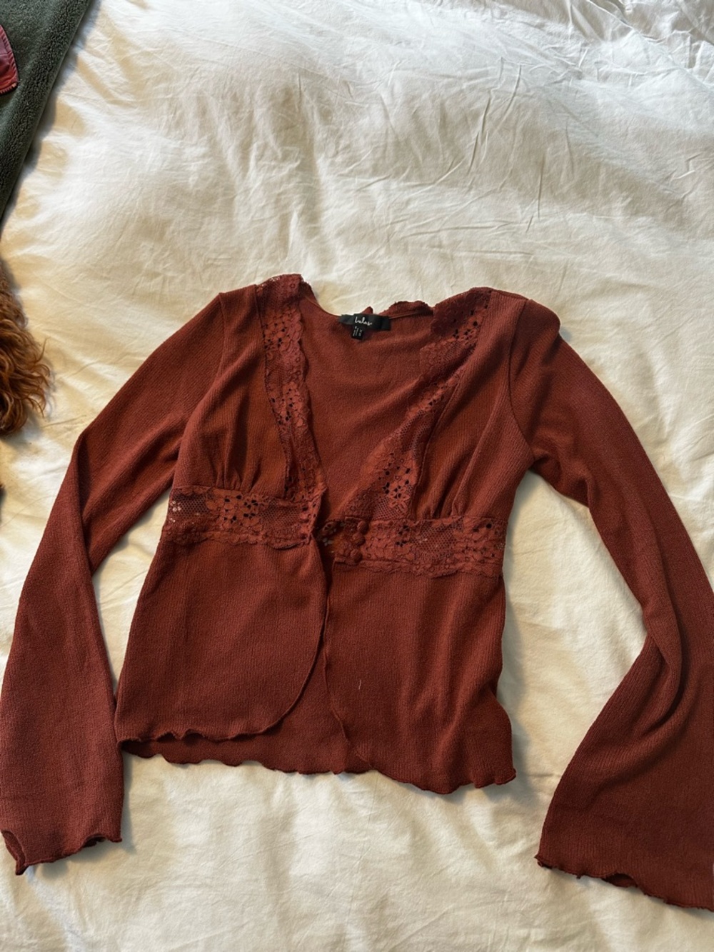 Lulu's Rust Lace-Trim Long Sleeve Top